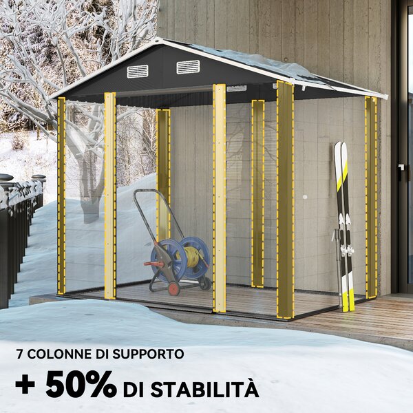 Outsunny Casetta da Giardino con Porte Scorrevoli e 4 Prese d'Aria, Capanno porta Attrezzi in Acciaio, 196x236x208 cm, Grigio Scuro | Aosom Italy