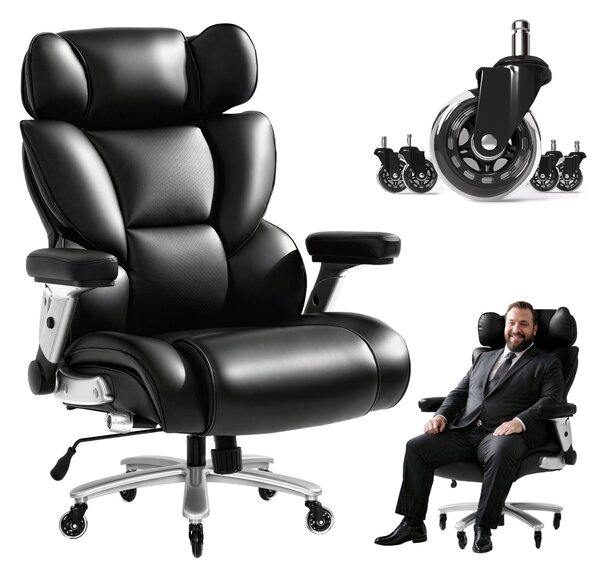 FLEXISPOT: sedia da ufficio ergonomica XXL fino a 300 kg, poltrona direzionale con supporto lombare dinamico, seduta larga 63,5 cm e rotelle in gomma, nera