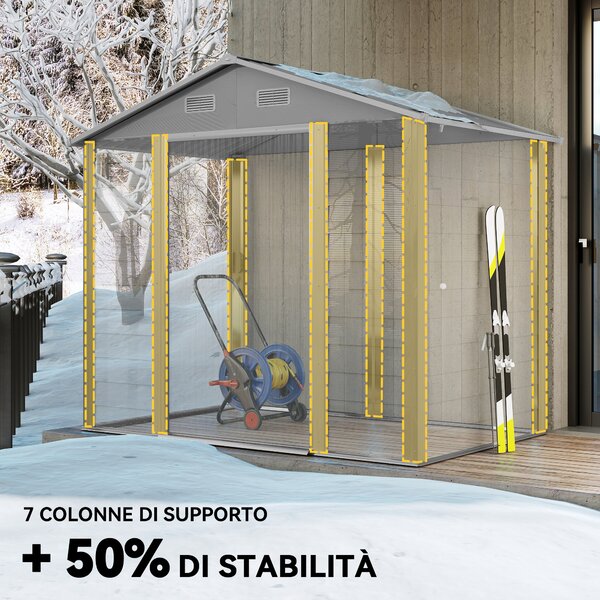 Outsunny Casetta da Giardino con Porte Scorrevoli e 4 Prese d'Aria, Capanno Attrezzi in Acciaio e PP, 196x236x208 cm, Grigio Chiaro | Aosom Italy