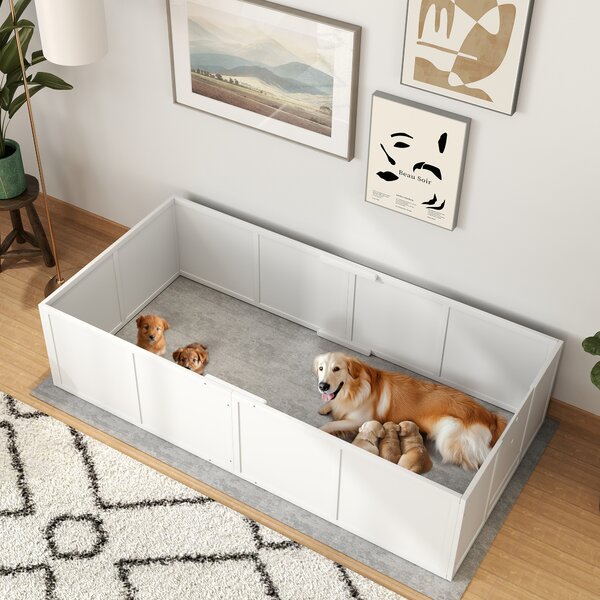 PawHut Box parto per cani e cuccioli, con ingressi regolabili, per cani grandi e piccoli, 196 x 96 x 48 cm, Bianco | Aosom Italy