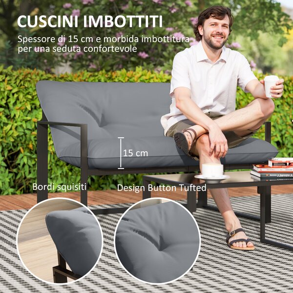 Outsunny Set da Giardino 4 Pezzi con Divanetto, 2 Poltrone e Tavolino, in Acciaio, Poliestere e Cotone PP, Nero e Grigio | Aosom Italy