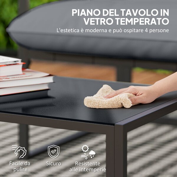 Outsunny Set da Giardino 4 Pezzi con Divanetto, 2 Poltrone e Tavolino, in Acciaio, Poliestere e Cotone PP, Nero e Grigio | Aosom Italy