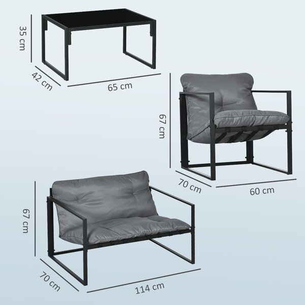 Outsunny Set da Giardino 4 Pezzi con Divanetto, 2 Poltrone e Tavolino, in Acciaio, Poliestere e Cotone PP, Nero e Grigio | Aosom Italy