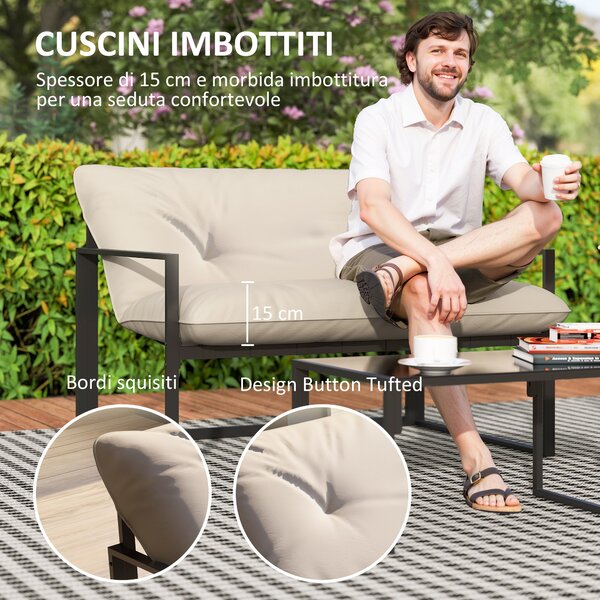 Outsunny Set da Giardino 4 Pezzi con Divanetto, 2 Poltrone e Tavolino, in Acciaio, Poliestere e Cotone PP, Beige e Grigio | Aosom Italy