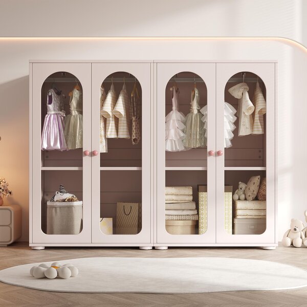 Okwish Set da 2 pezzi: armadio per bambini con ante trasparenti in acrilico, mobile contenitore per camera da letto con asta appendiabiti e design a 2 ante, maniglie in Vetroceramica, rosa bebè