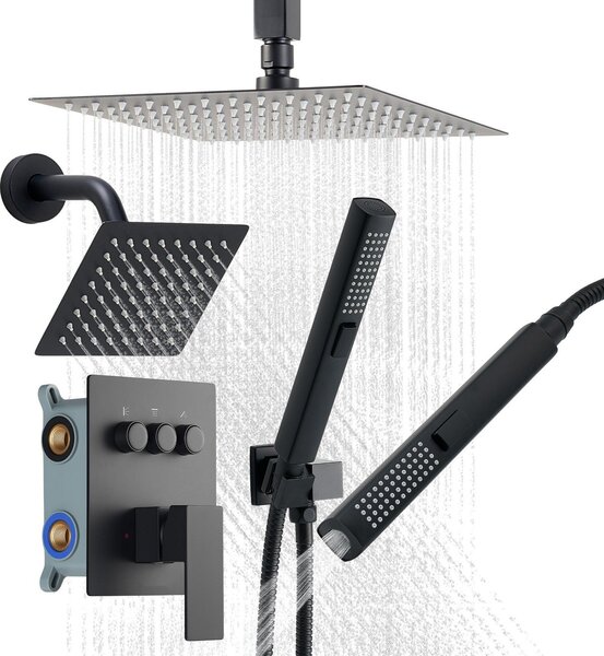 Set doccia a pioggia - Sistema doccia - Soffione da soffitto 25 cm - Soffione a parete 15 cm - Doccetta 2 in 1 - Doppio soffione a pioggia orientabile (3 funzioni) - Valvola e rosetta in ottone - Nero opaco
