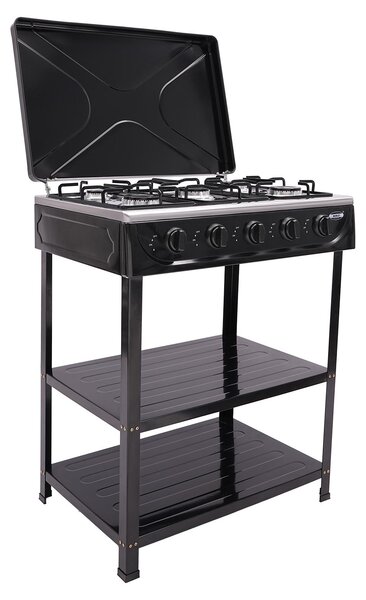 Fornello a gas portatile, cinque fuochi, design compatto, nero