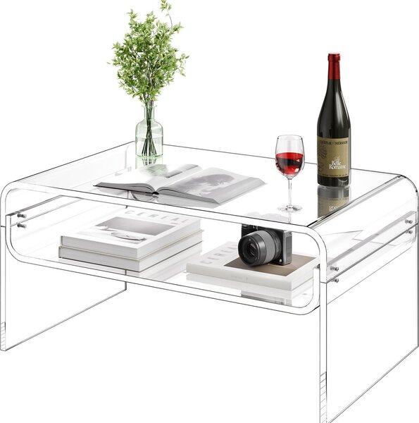 Tavolino da salotto - Rettangolare in acrilico - Con 2 ripiani e vassoio - Moderno e resistente ai graffi - Dimensioni 50 x 80 x 38 cm - Trasparente