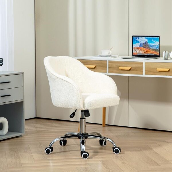 Okwish sedia da ufficio ergonomica girevole con regolazione in altezza, sedia da scrivania con funzione dondolo, reclinabile con cinque ruote a 360°, bianco crema