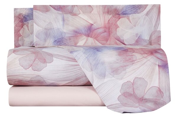 Completo Lenzuola In Percalle Vanishing Flower Matrimoniale - 250X290 175X205 + 2 Federe 50X80 Mirabello Floreale Rosa Caleffi