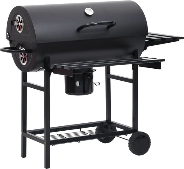 Barbecue a Barile con Ruote e Ripiani Acciaio Nero 115x85x95 cm