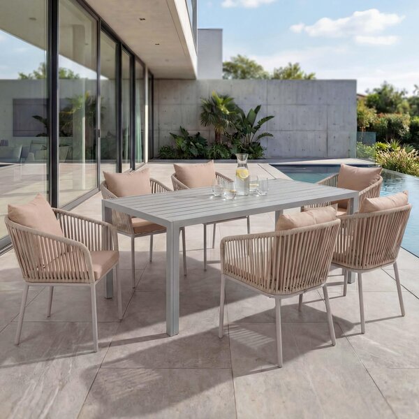 Set da giardino HWC-N41, tavolo+6sedie, alluminio resistente alle intemperie 180x80cm, intreccio in corda Corda ~ grigio cuscini tortora