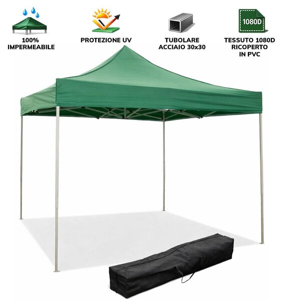 Gazebo richiudibile pieghevole 3 X 3 Verde ricoperto in PVC impermeabile