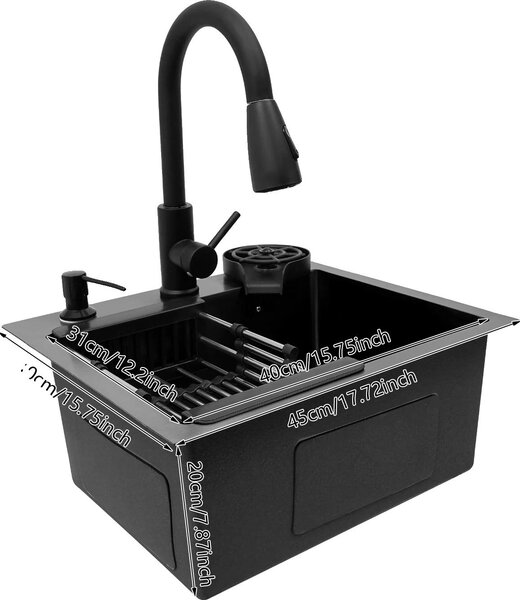 Lavello da cucina, Rubinetto estraibile, Design moderno, nero