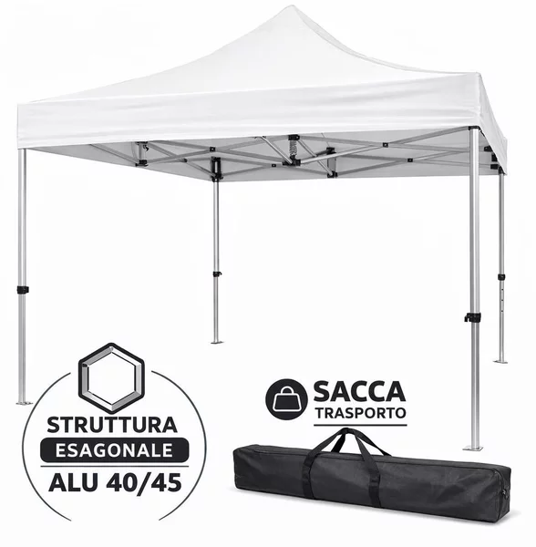 Gazebo richiudibile in alluminio professionale struttura esagonale Market-Pro 3X3 Bianco impermeabile