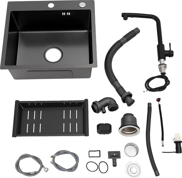 Lavello da cucina, struttura in acciaio inox, compreso rubinetto estraibile, nero