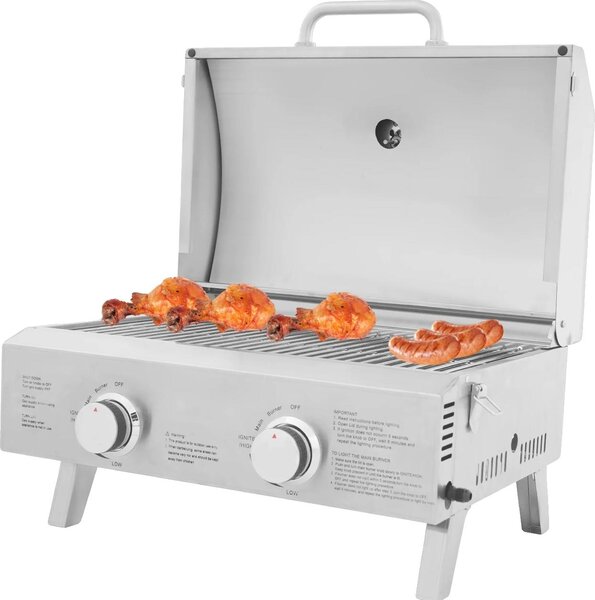Barbecue a gas, portatile, con due bruciatori, argento