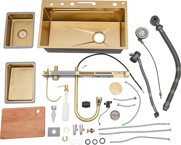 Lavello da cucina, design multifunzionale, rubinetto integrato, oro