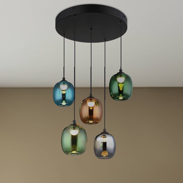 Globo Lampada LED a sospensione Minara, 5 luci, Ø 43 cm, colorata, vetro dimmerabile, Multicolore, Soggiorno / Sala da pranzo, Metallo, Moderno