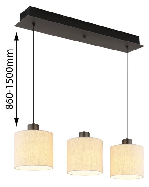Globo Lampada LED a sospensione Thea, lunghezza 74 cm, 3 luci, crema/nero opaco dimmerabile, Crema / Ambra, Soggiorno / Sala da pranzo, Tessuto / Stoffa / Seta, Scandinavo