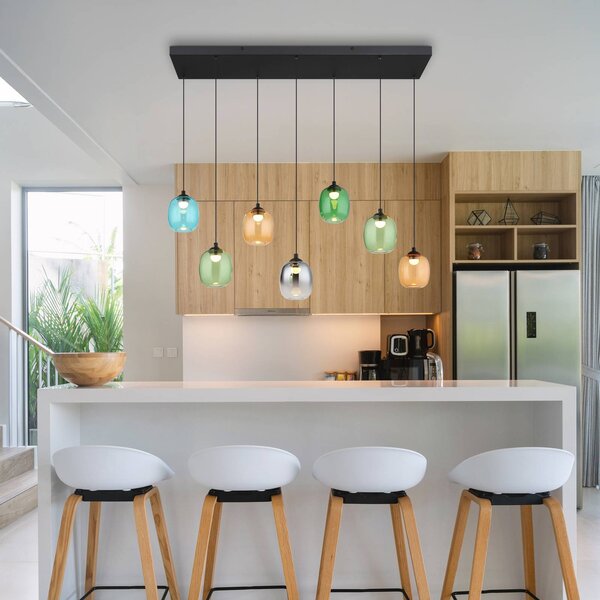 Globo Lampada LED a sospensione Minara, 7 luci, lunghezza 102 cm, colorata, vetro dimmerabile, Multicolore, Soggiorno / Sala da pranzo, Metallo, Moderno