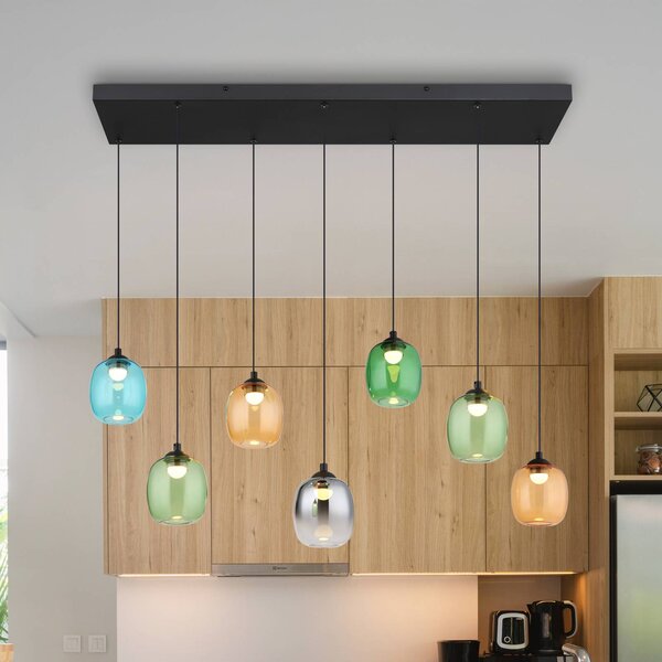 Globo Lampada LED a sospensione Minara, 7 luci, lunghezza 102 cm, colorata, vetro dimmerabile, Multicolore, Soggiorno / Sala da pranzo, Metallo, Moderno