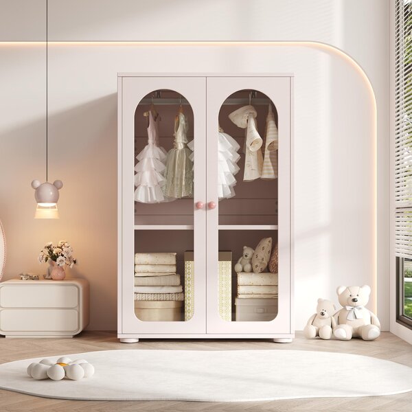 Armadio per bambini okwish con ante trasparenti in acrilico; armadio da camera da letto con appendiabiti e design a 2 ante; maniglie in Vetroceramica; rosa bebè