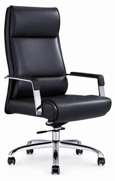 Poltrona da ufficio ergonomica, in pelle nera con dettagli cromati