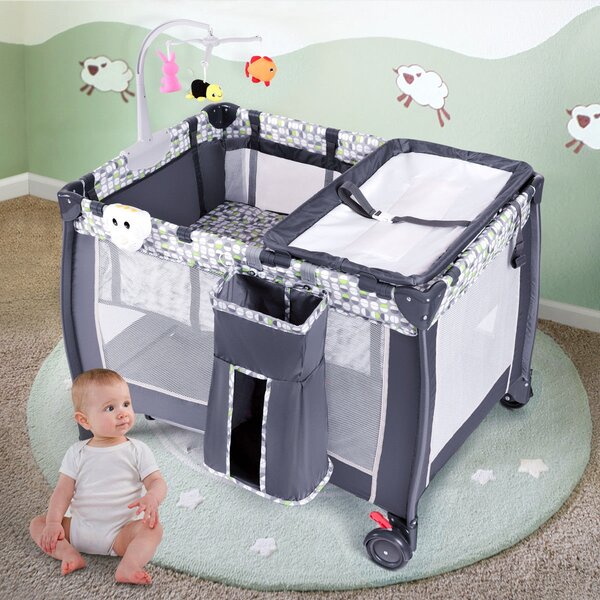 Costway Lettino pieghevole per neonati con fasciatoio Culla per bambini 0-36 mesi con i giocattoli e carillon 100x70x76cm Grigio>