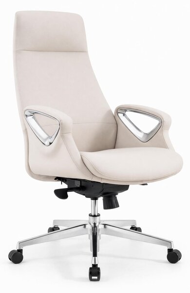 Poltrona da ufficio ergonomica, di colore bianco, con braccioli in metallo e base girevole