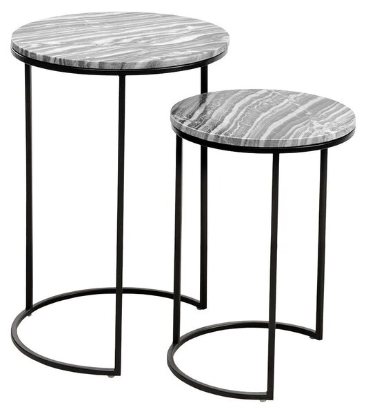 Riess-ambiente Design Set da 2 tavolini ELEMENTS 40 cm grigio marmo con struttura nera rotonda Tavolino da salotto