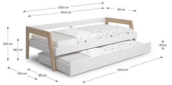 Letto da bambini estraibile bianco in pino massiccio con contenitore con rete inclusa 90x200 cm Carrie – Marckeric