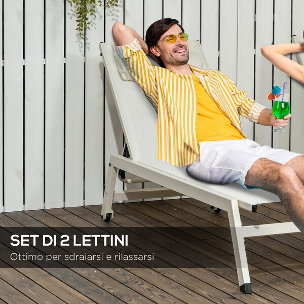 Outsunny Chaise Longue Lettino Prendisole in Alluminio e Poliestere, Set 2 Pezzi Beige da Giardino con 5 Livelli di Reclinazione, 55x195x30 cm|Aosom