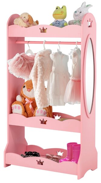 Costway Armadio con specchio e appendiabiti per bambini, Mobile organizer giocattoli e vestiti con disegni di corona Rosa