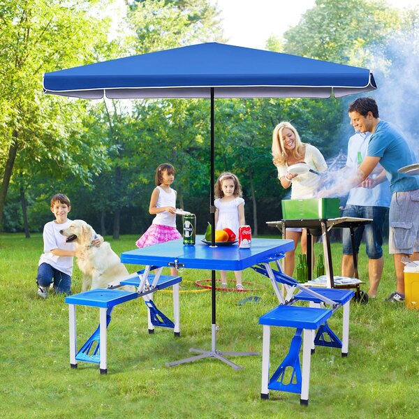 Costway Set tavolo e sedie pieghevole e portatile con foro per ombrellone, Set da picnic impermeabile e per 4 persone Blu>