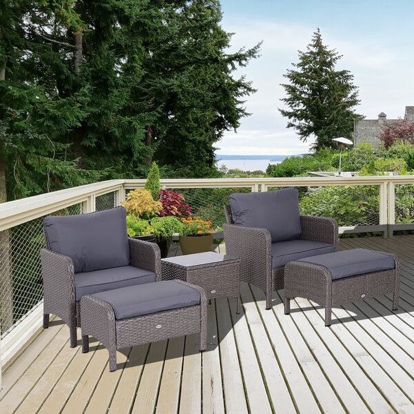 Outsunny Set Mobili Giardino Eleganti, 2 Poltrone + 2 Poggiapiedi + Tavolino Vetro Temperato, Rattan Grigio, Design Moderno|Aosom