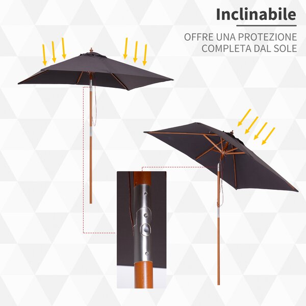 Outsunny Ombrellone da Giardino Inclinabile 2x1.5m, 6 Stecche e Palo in Legno di Abete Apertura a Corda, Grigio Scuro|Aosom