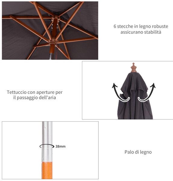 Outsunny Ombrellone da Giardino Inclinabile 2x1.5m, 6 Stecche e Palo in Legno di Abete Apertura a Corda, Grigio Scuro|Aosom