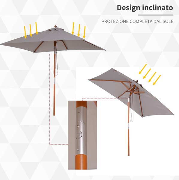 Outsunny Ombrellone da Giardino Inclinabile 2x1.5m, 6 Stecche, Palo in Legno e Apertura a Corda, Grigio|Aosom