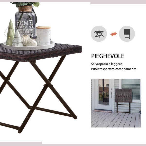 Outsunny Tavolino da Giardino Pieghevole in Rattan Sintetico e Struttura in Acciaio, Marrone, 40x40x40cm|Aosom
