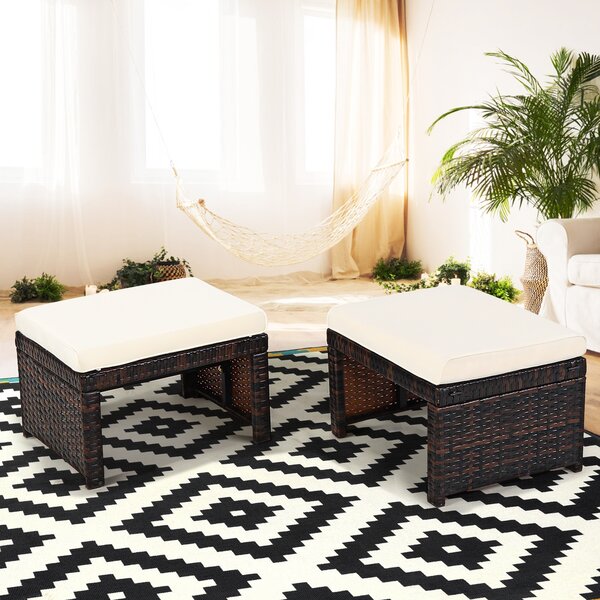 Costway Set di 2 poggiapiedi in rattan PE resistenti alle intemperie con cuscino morbido, Ottomane da esterno Bianco>