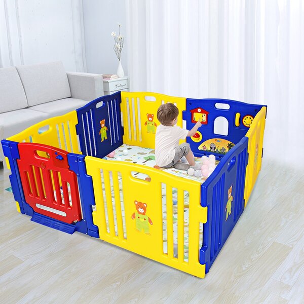 Costway Box con 8 pannelli in PE e porta con giocattoli educativi per bambini, Centro attività sicuro con doppie ventose>