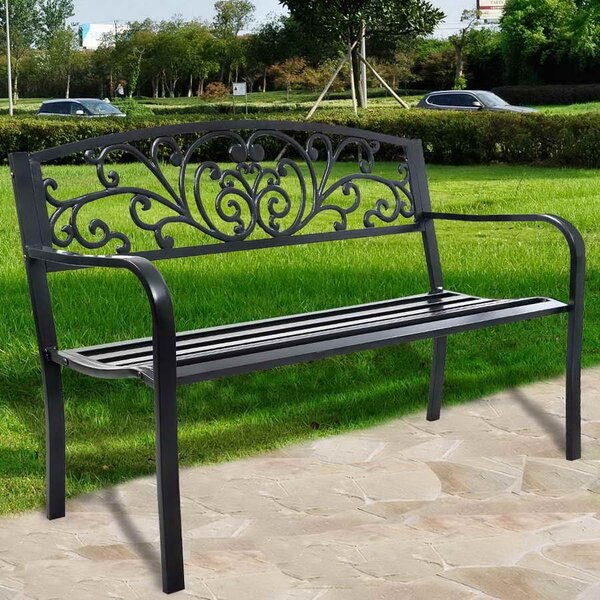 Costway Panca elegante da giardino con schienale per esterno, Panchina in ghisa con braccioli 126x60x85cm Nero>