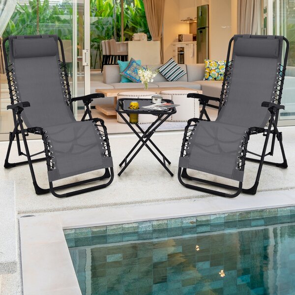 Costway Set 3 pezzi con sedie reclinabili e tavolino per cortile campeggio prato, Mobili da esterno con cuscino Grigio>