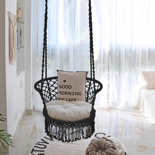 Costway Sedia amaca in macramè con sedile, Amaca con corde di cotone e fiocchi per interno ed esterno Nero>
