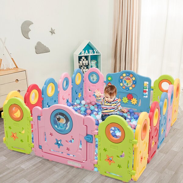 Costway Box con 16 pannelli e chiusura di sicurezza per bambini, Centro attività sicuro con giocattoli carini 186x152x61cm>