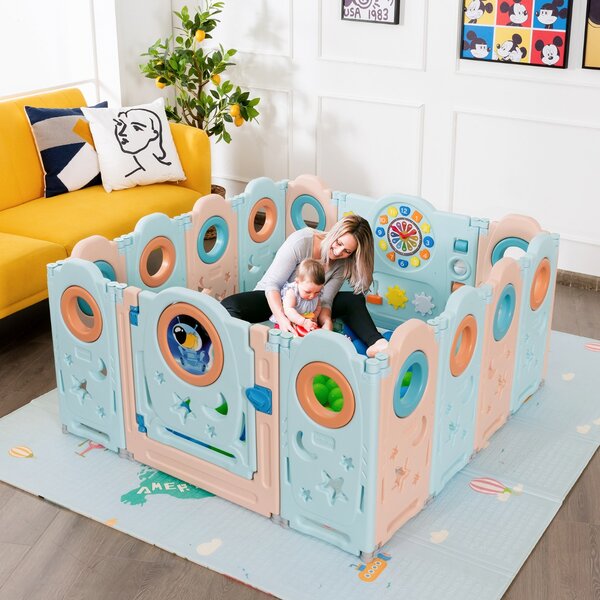 Costway Box multifunzionale con 14 pannelli e giocattoli educativi per bambini, Recinto portatile Azzurro e rosa>
