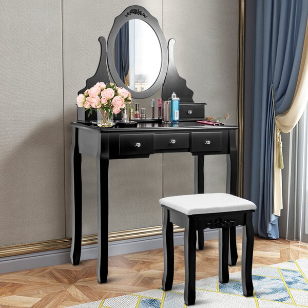Costway Set toeletta di legno con specchio ovale girevole a 360°, Set  tavolo e sedia trucco per camera da letto Nero>
