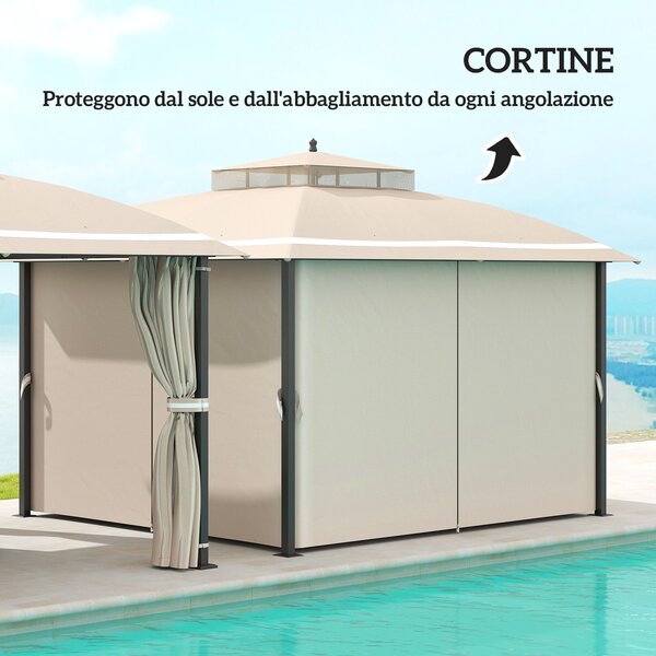 Outsunny Gazebo da Giardino 3.7 x 3 m con Zanzariera, Tende Laterali e Doppio Tetto, Beige|Aosom