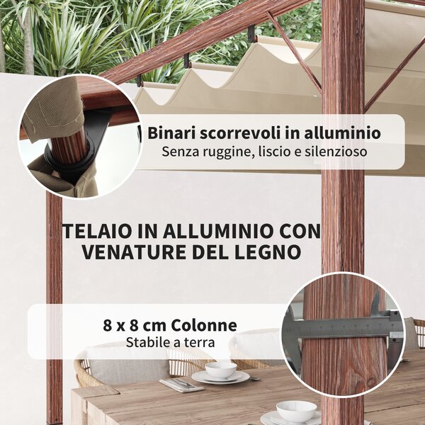 Outsunny Gazebo Pergola con Tetto Retrattile, Picchetti e Viti, in Poliestere e Alluminio, 382x300x232 cm, color Legno